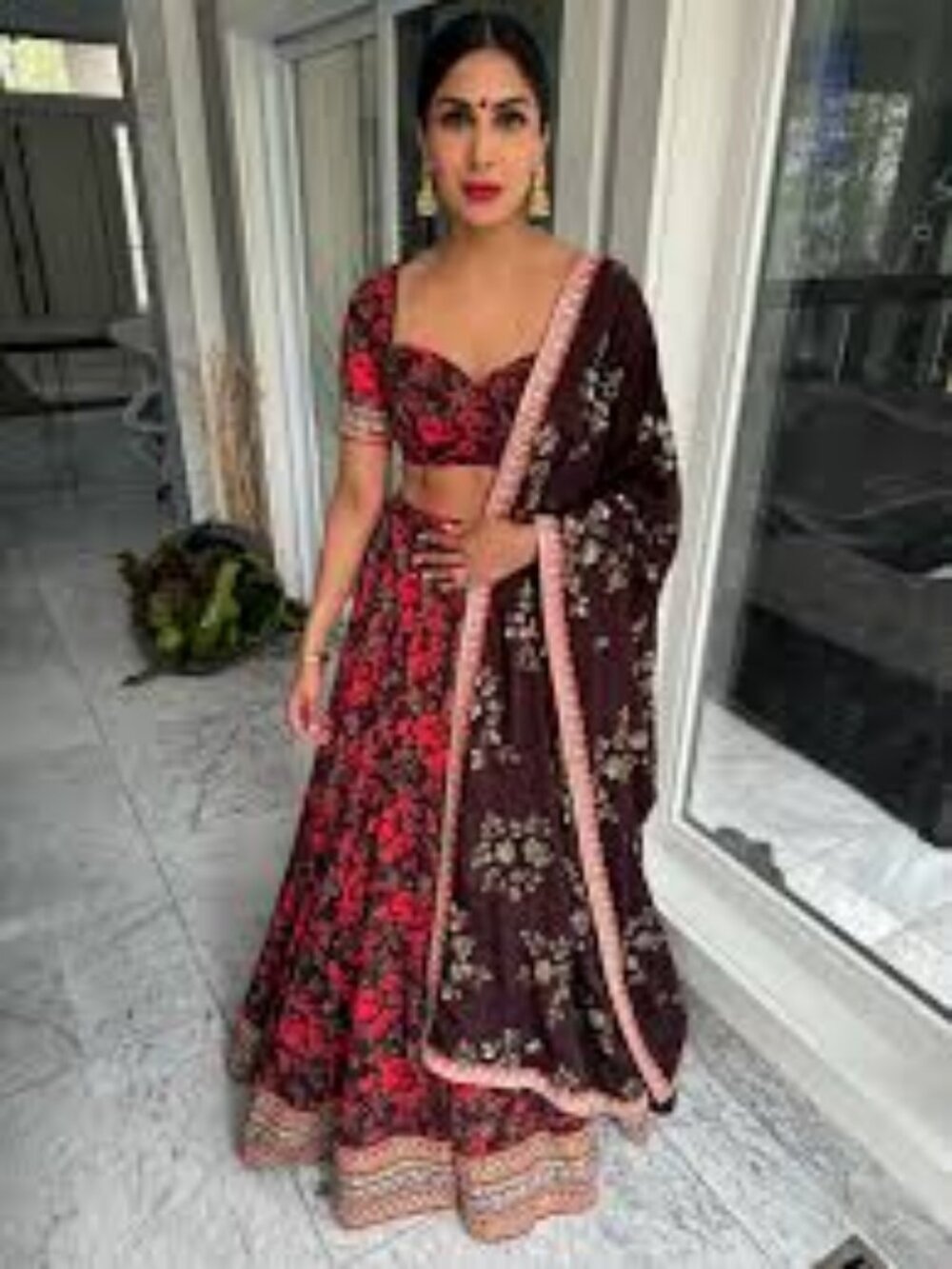 Red and burgundy floral lehenga set